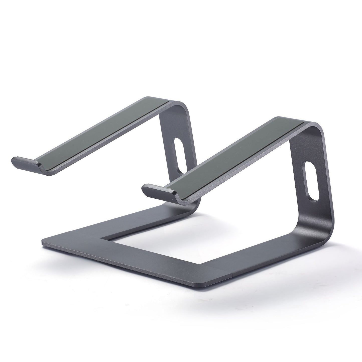 Gray metal stand on a white background. Silver metal bracket with features highlighted on a white background.