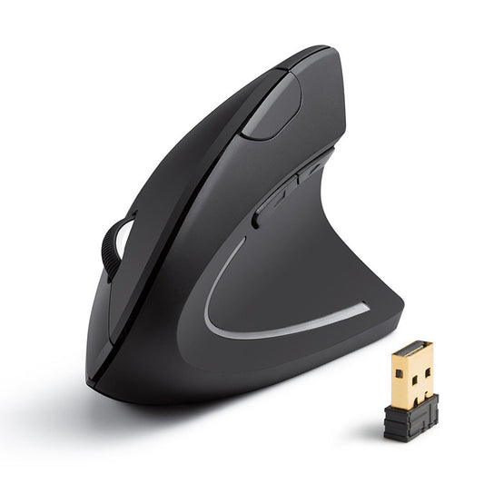 Black ergonomic mouse with USB receiver on a white background