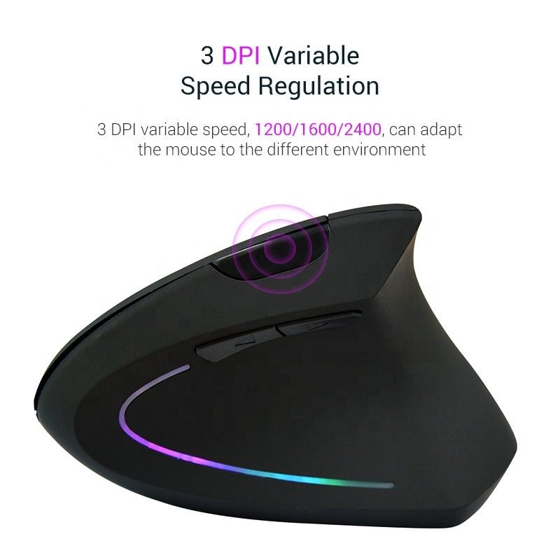 Black ergonomic mouse with RGB lighting on a white background, featuring text about 3 DPI variable speed regulation.