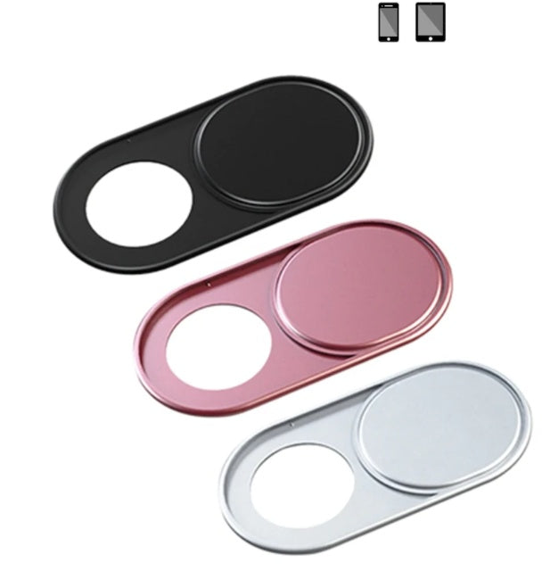 Three phone camera lens protectors in black, pink, and silver on a white background.