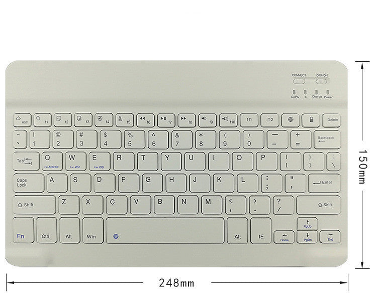 White keyboard with dimensions labeled on a white background