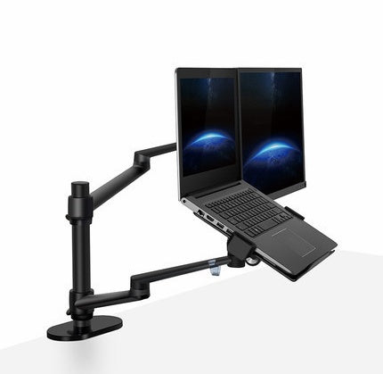 Black laptop stand with dual monitor support on a white background