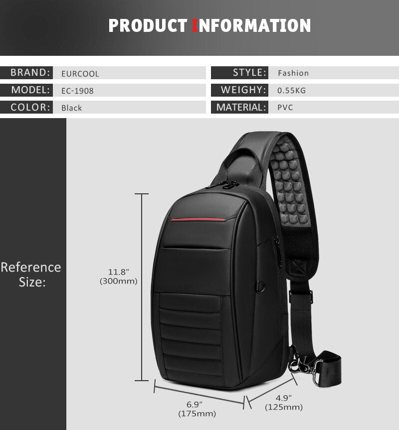 Black sling bag with measurement details on a gray background