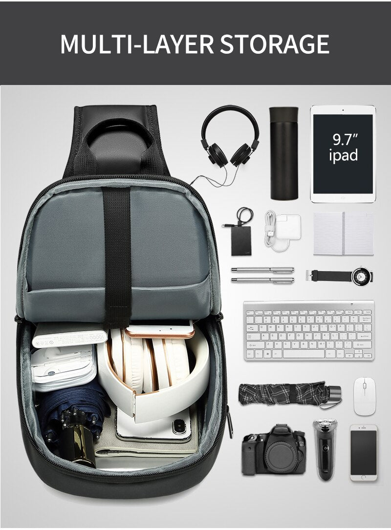 Open backpack with various items on a light gray background, highlighting multi-layer storage.