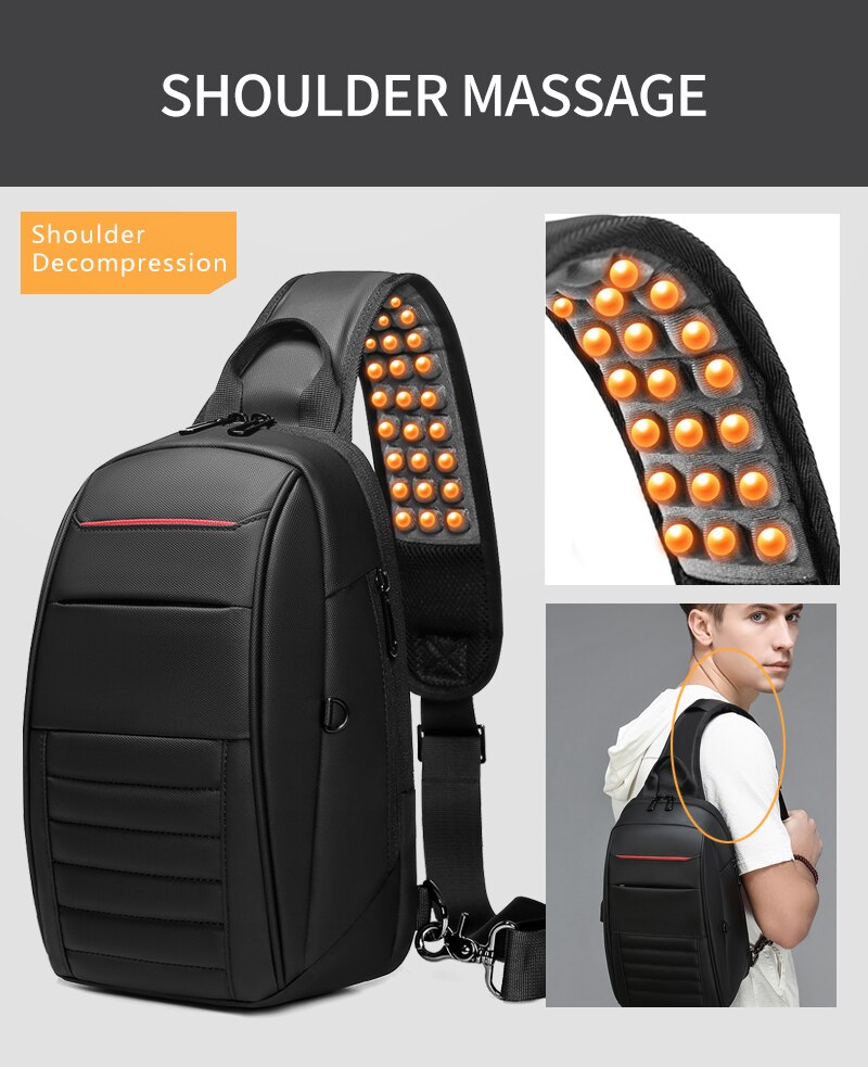 Black backpack with shoulder massage feature and decompression text