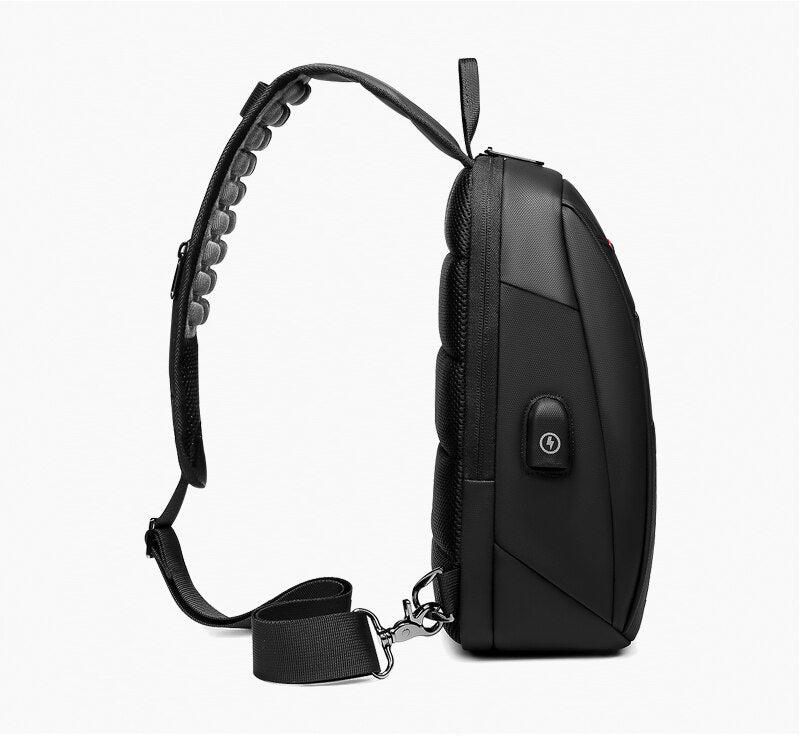Black backpack with a visible power button on a white background