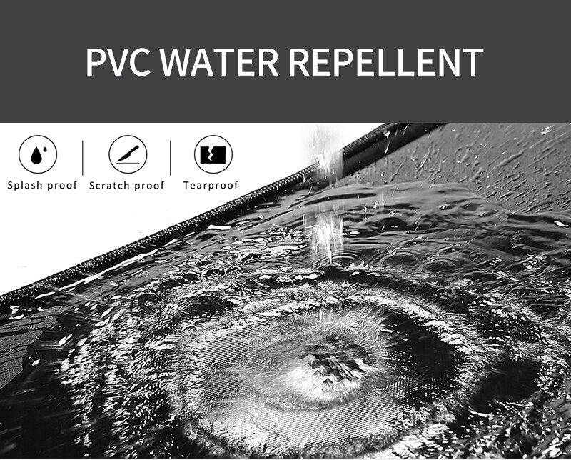 PVC water repellent material with water droplets on a textured surface