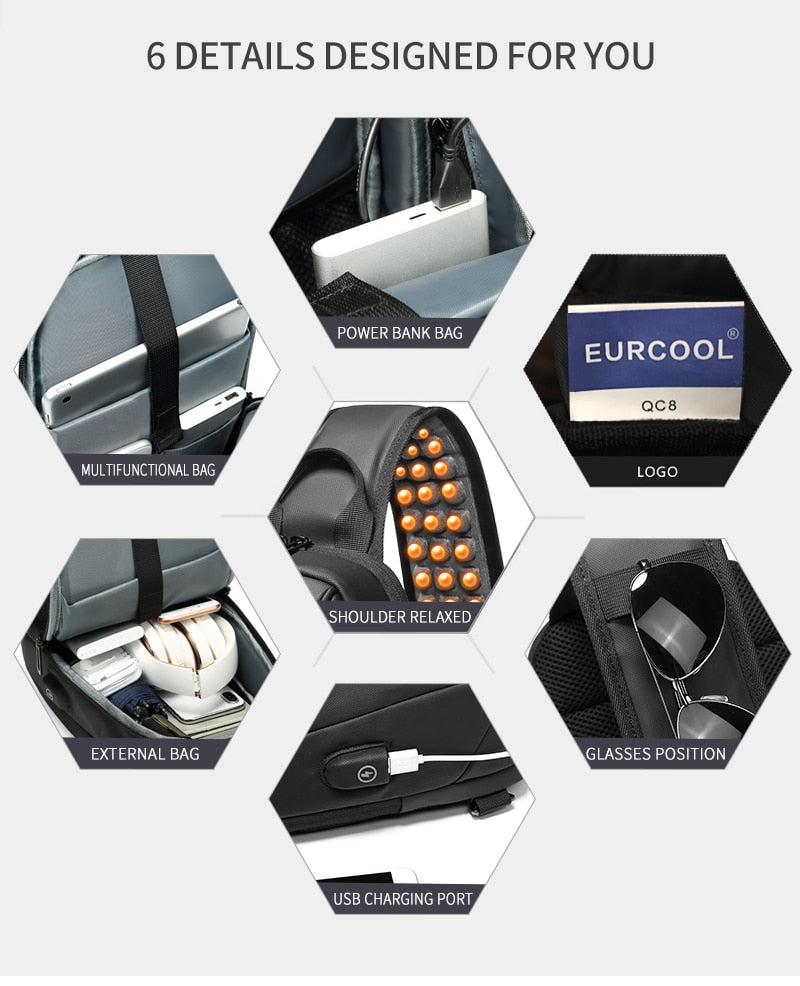 Hexagonal grid showcasing features of a power bank bag with labels and images.