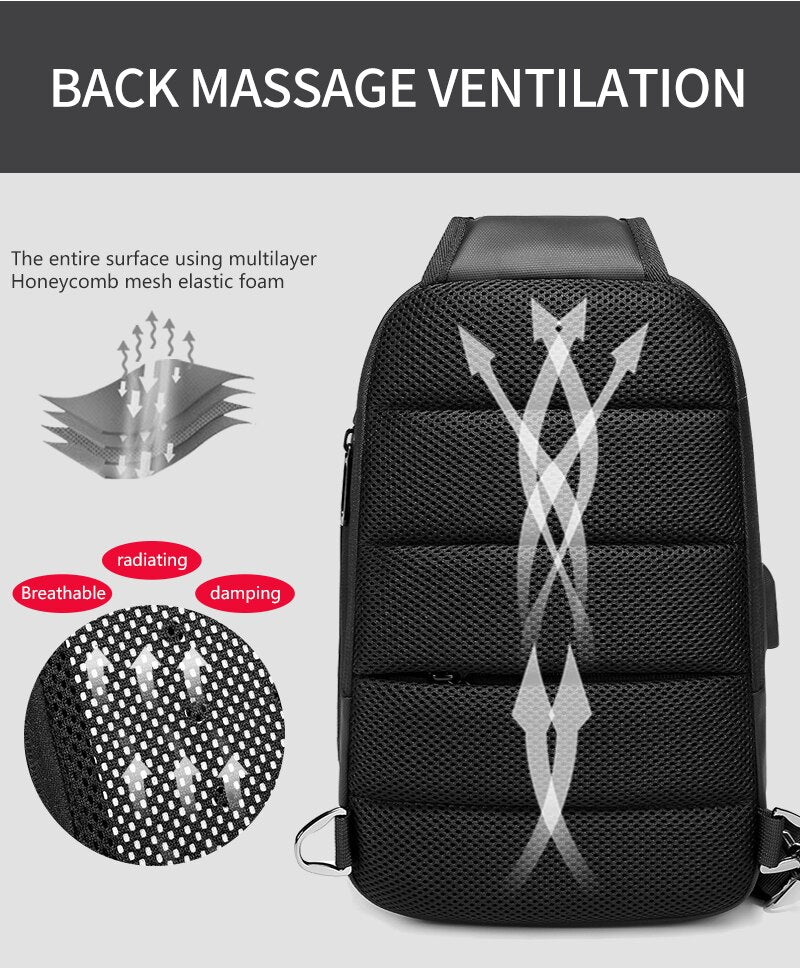 Black backpack with honeycomb mesh design and text about back massage ventilation.