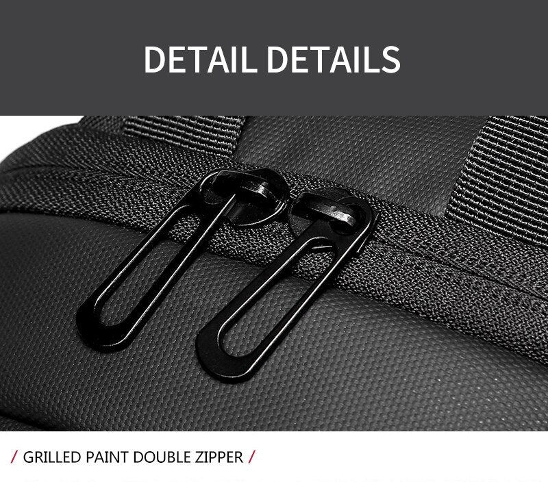 Close-up of a grilled paint double zipper on a black bag with 'DETAIL DETAILS' text at the top.