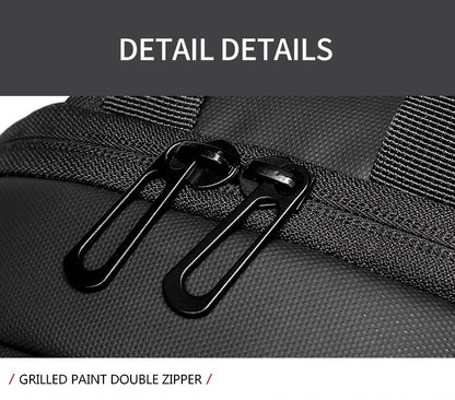 Close-up of a grilled paint double zipper on a black bag with 'DETAIL DETAILS' text at the top.