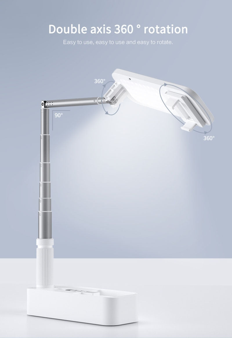 White LED desk lamp with adjustable arm on a light blue background