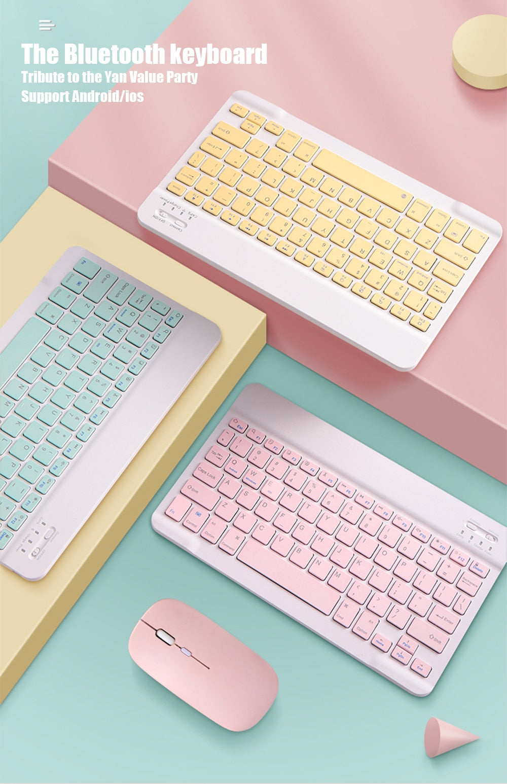 Set of colorful wireless keyboards and a mouse on a pastel background