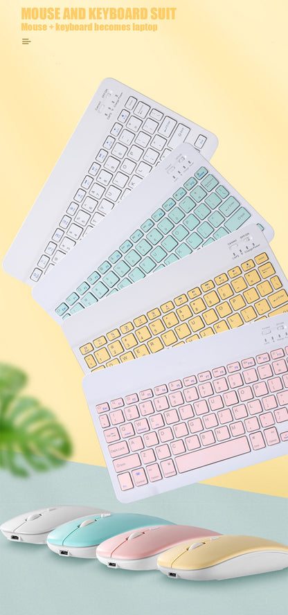 Set of pastel-colored keyboard covers and matching mice on a light blue background