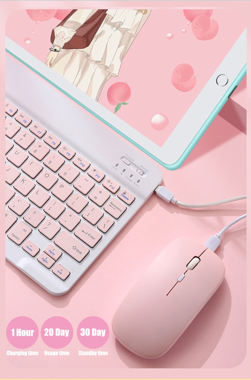 Pink keyboard and mouse set on a pink background with a tablet