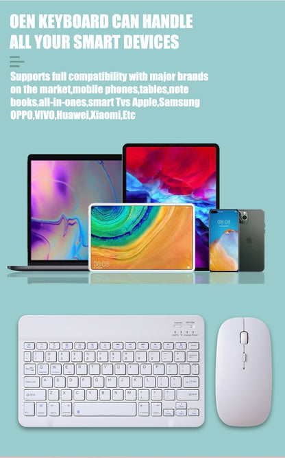 Keyboard and mouse set with smartphone, tablet, and laptop on a light blue background