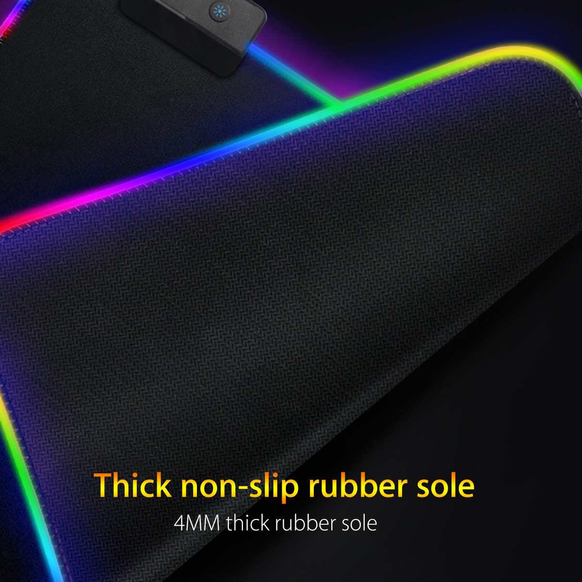 Gaming mouse pad with RGB lighting and text about thick non-slip rubber sole.
