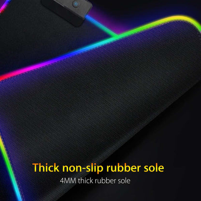 Gaming mouse pad with RGB lighting and text about thick non-slip rubber sole.