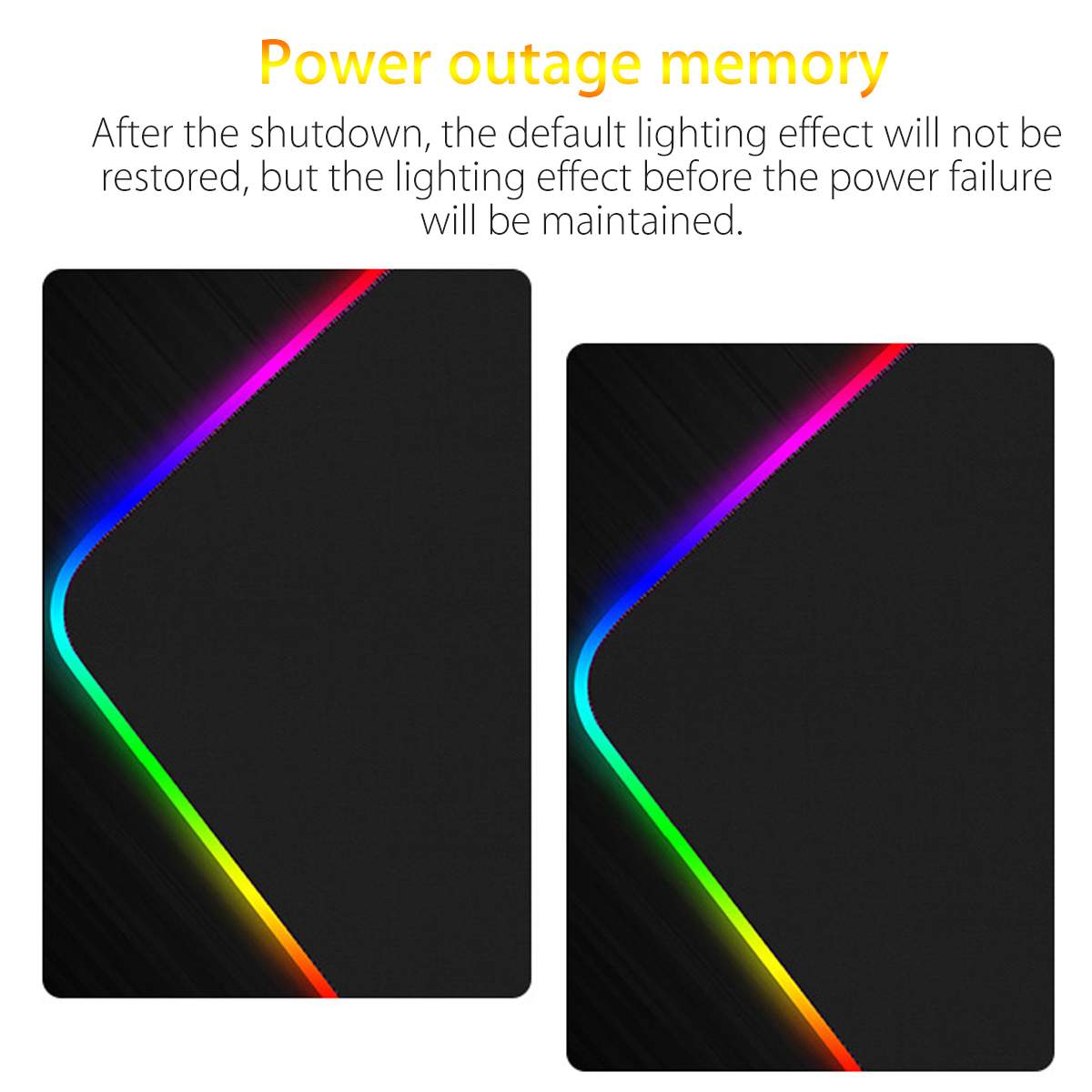Two black panels with colorful light effects on a white background, describing power outage memory feature.