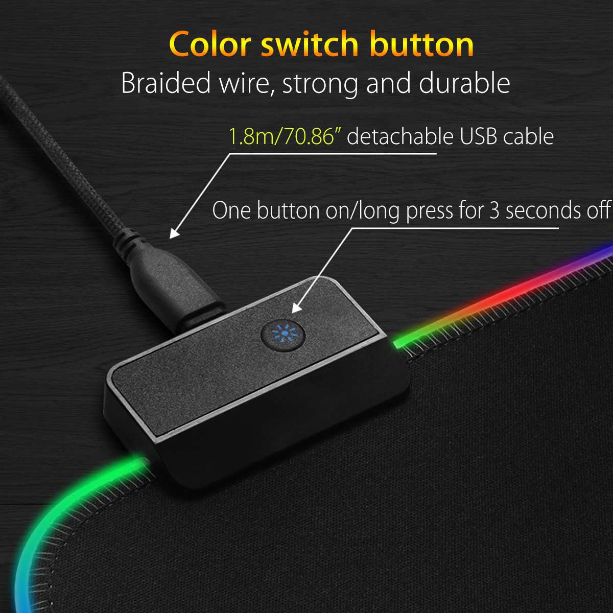 Color switch button with braided wire and detachable USB cable on a dark background