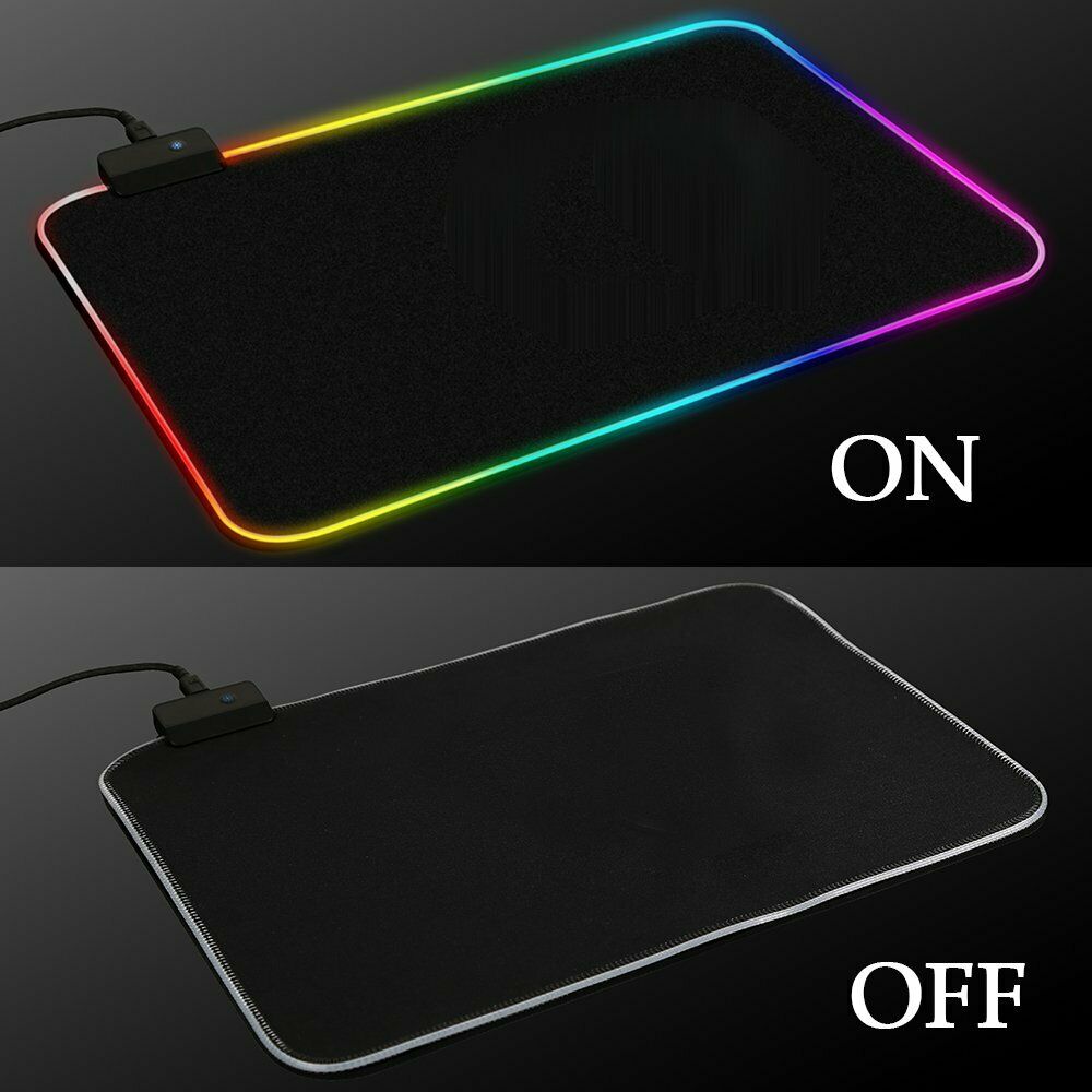 Gaming mouse pad with RGB lighting on top and without lighting on bottom, labeled 'ON' and 'OFF'.