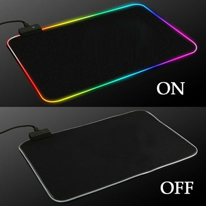 Gaming mouse pad with RGB lighting on top and without lighting on bottom, labeled 'ON' and 'OFF'.