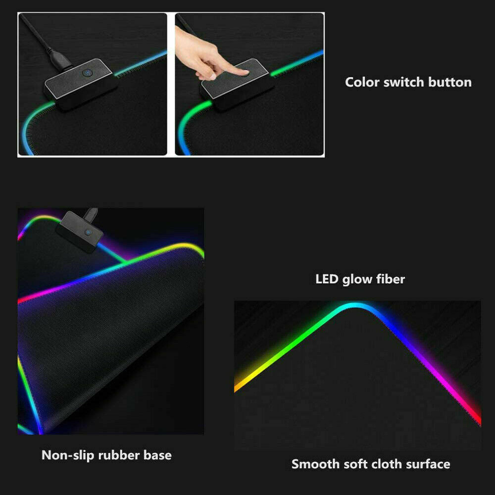 Multifunctional device with LED glow fiber, color switch button, non-slip rubber base, and smooth soft cloth surface on a black background.