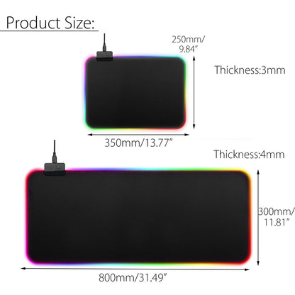 Gaming mouse pad with dimensions and thickness measurements on a white background