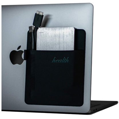Silver laptop with Apple logo and 'health' decal on a white background