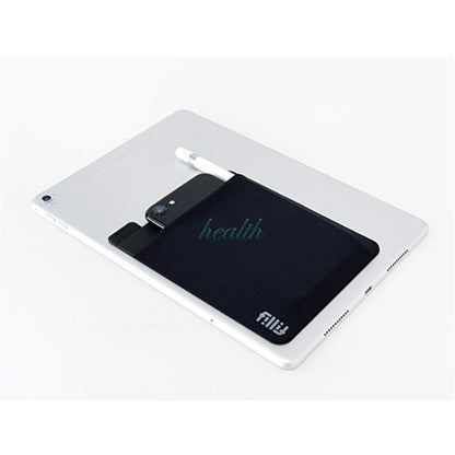 White electronic device with a screen displaying 'health' on a white background