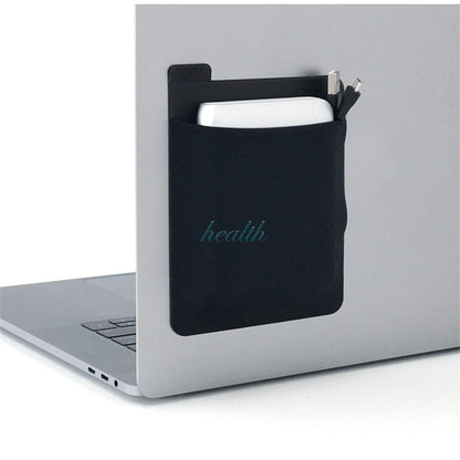 Black pouch with 'health' embroidery on a laptop