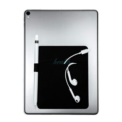 Tablet with a black case featuring earphones and a stylus on a white background