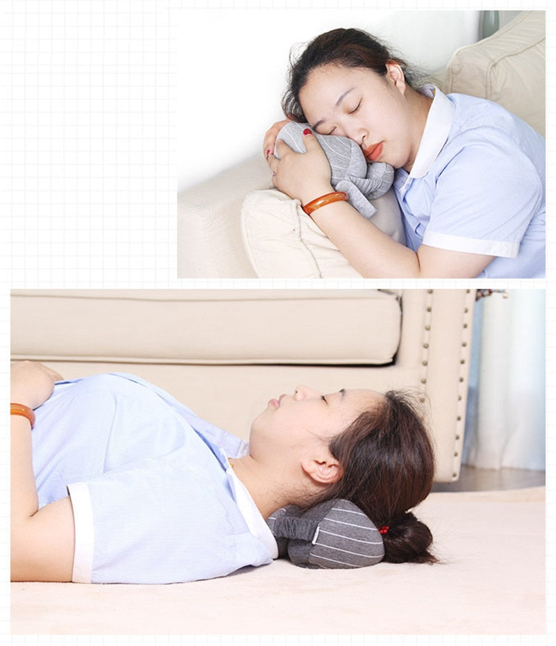 Woman using a gray travel pillow on a couch and bed.