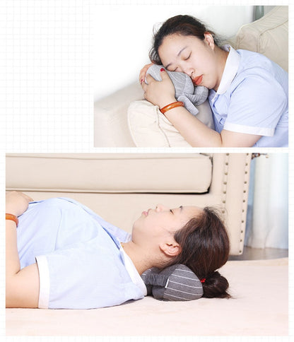 Woman using a gray travel pillow on a couch and bed.