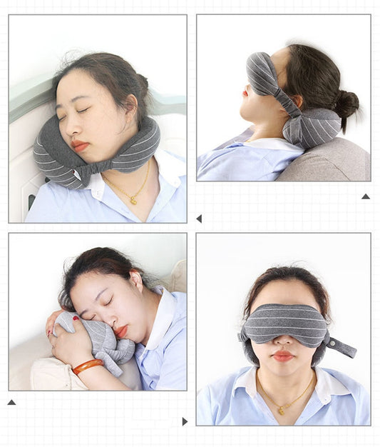 Collage of a person using a travel neck pillow and eye mask.