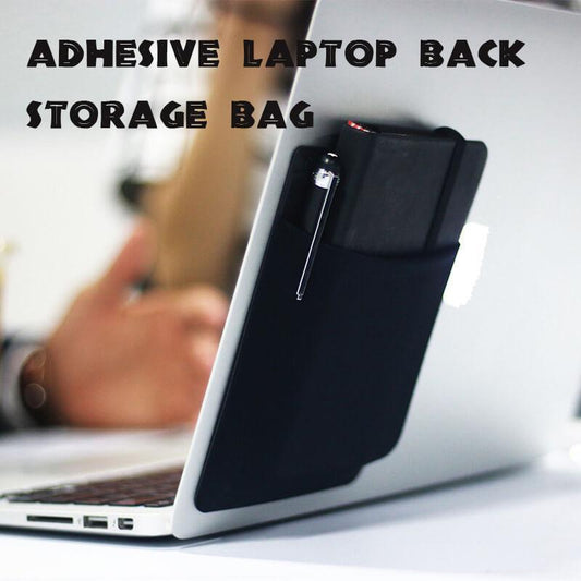Adhesive laptop back storage bag attached to a laptop with text 'Adhesive Laptop Back Storage Bag'.