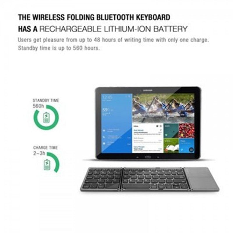 Wireless folding Bluetooth keyboard with tablet on a white background