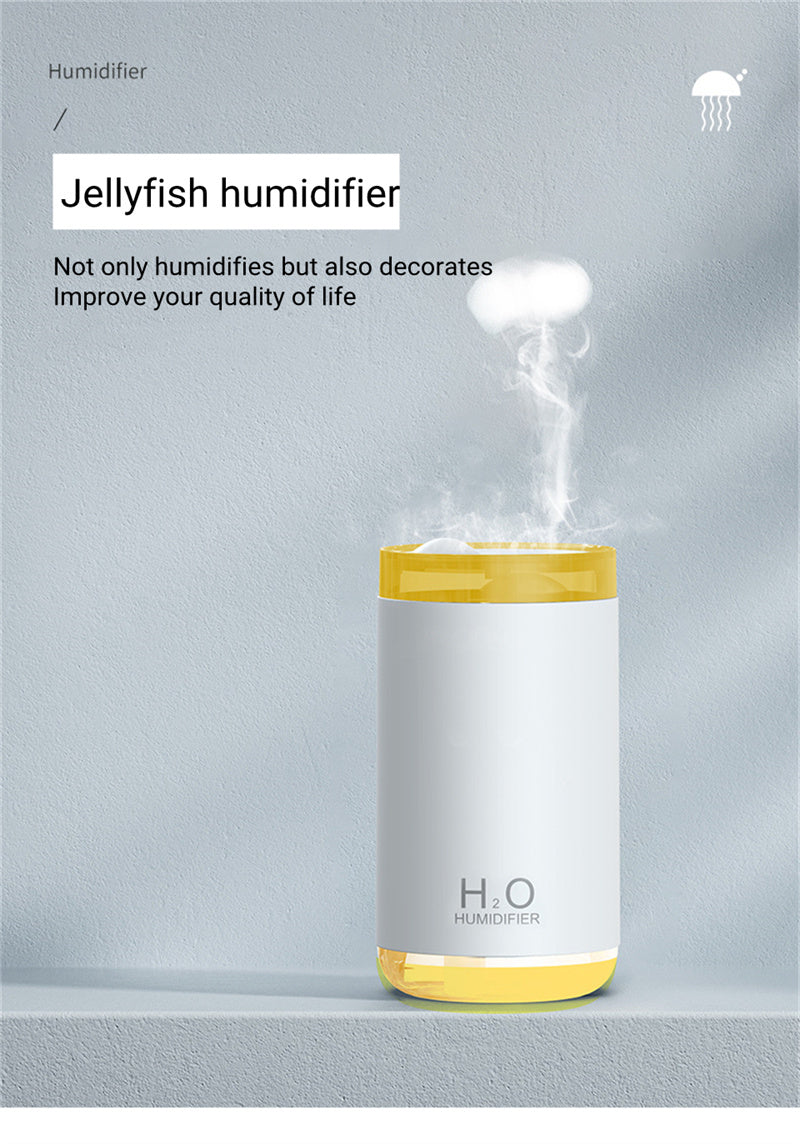 Jellyfish humidifier with steam on a gray background
