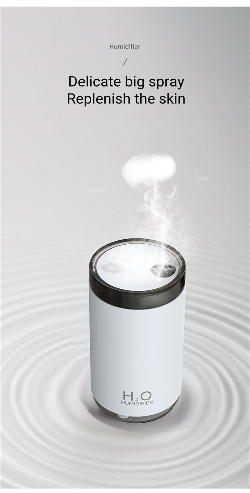 White humidifier with steam rising, labeled 'H.O.' on a light gray background.