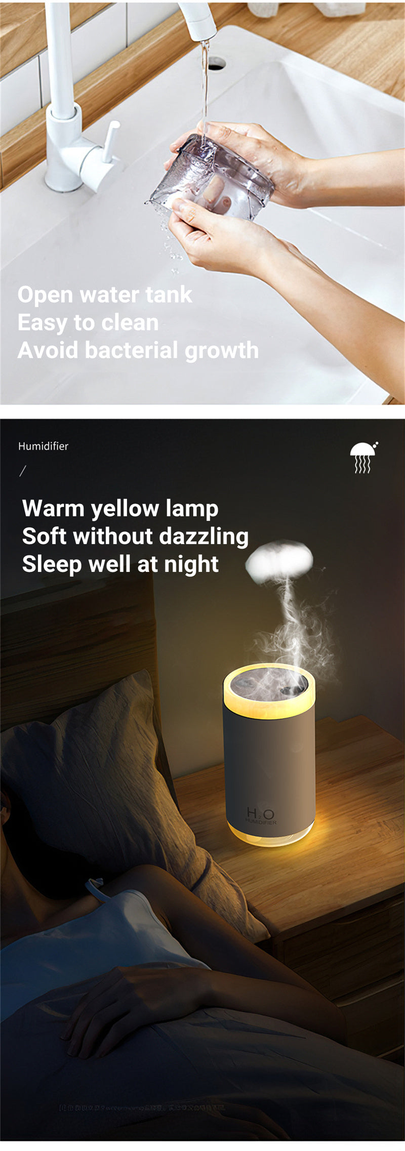 Person cleaning a water tank with text about its benefits, followed by a diffuser emitting mist on a wooden surface.