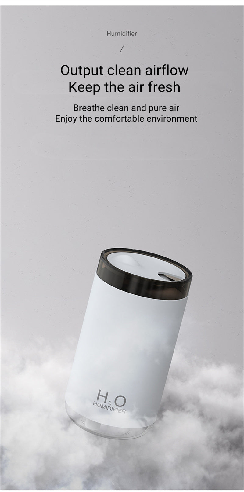 White humidifier with black top on a gray background with text about clean airflow and air freshness.