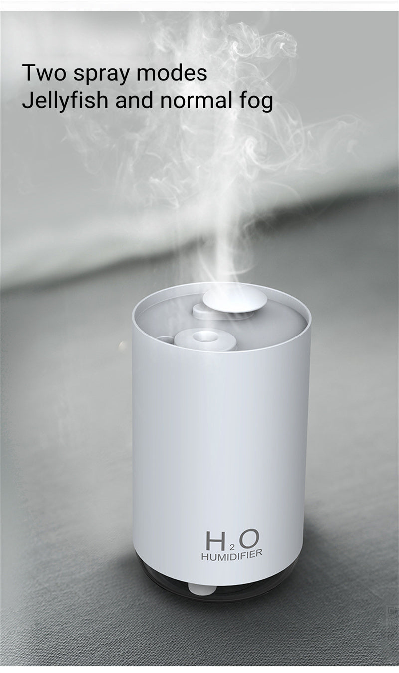 Humidifier with steam rising from it on a gray surface, labeled 'H2O Humidifier'.