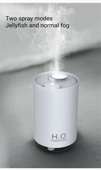 Humidifier with steam rising from it on a gray surface, labeled 'H2O Humidifier'.