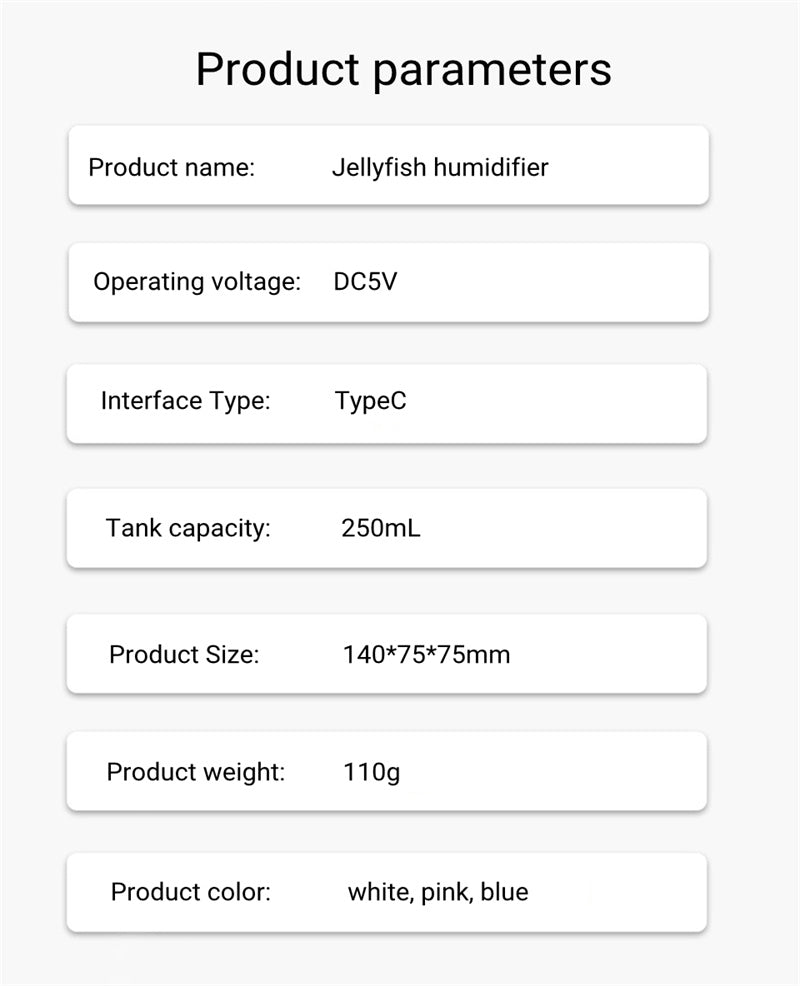 Product parameters of a jellyfish humidifier on a white background
