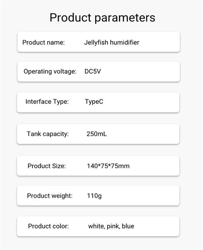 Product parameters of a jellyfish humidifier on a white background