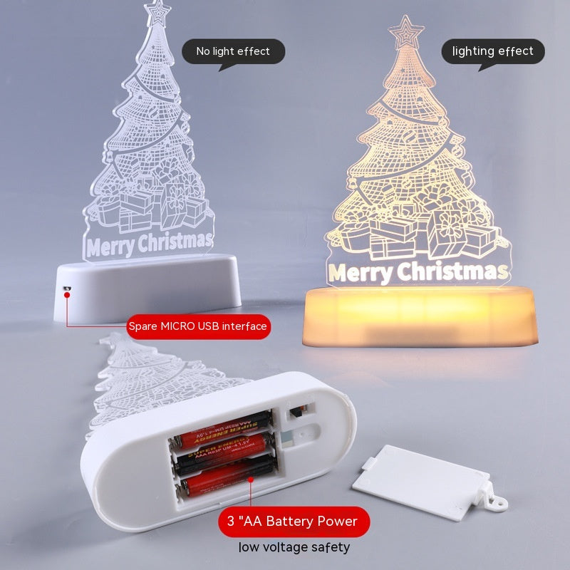 Christmas tree-shaped night light with USB and battery power options on a gray background