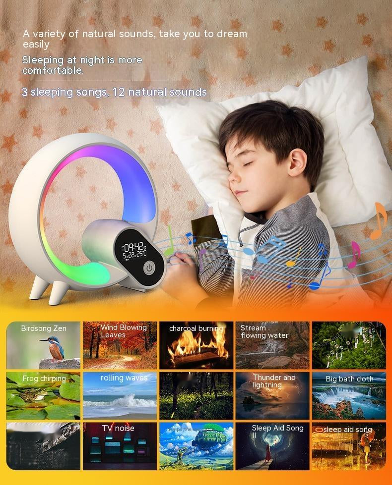 Child sleeping with a white noise machine and nature sound display, surrounded by nature-themed images.