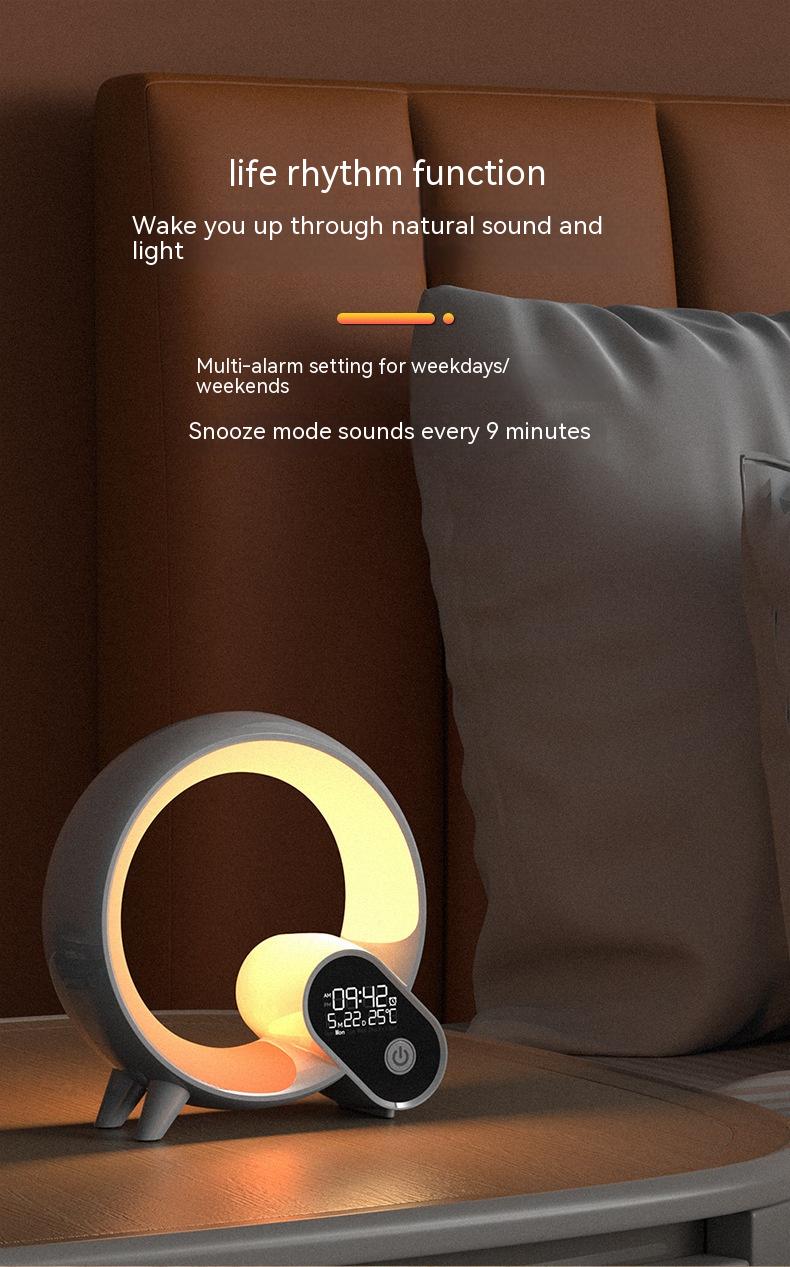Round night light with digital display on a wooden surface, featuring text about its life rhythm function.