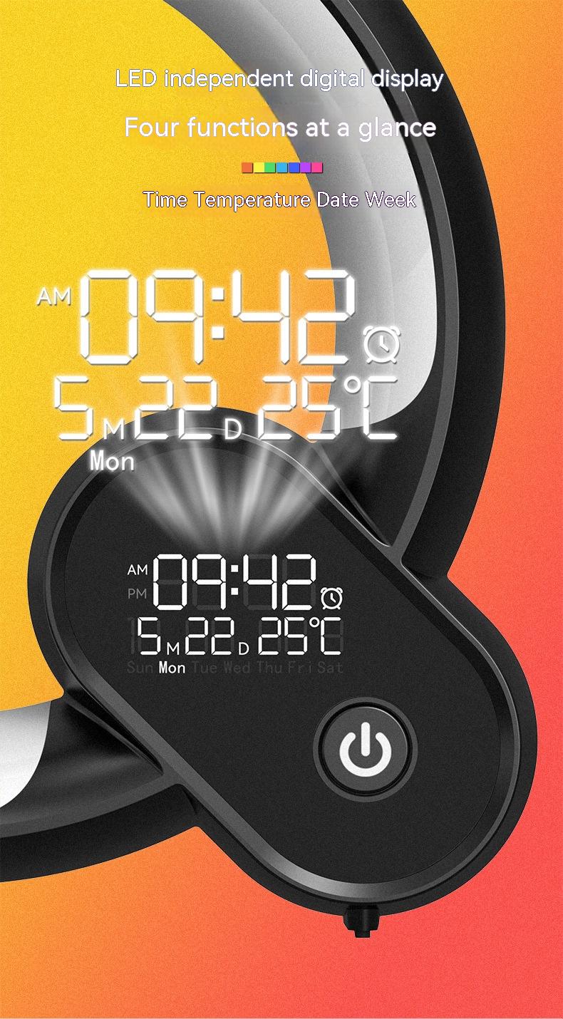 Digital display with time, date, and temperature on a colorful background