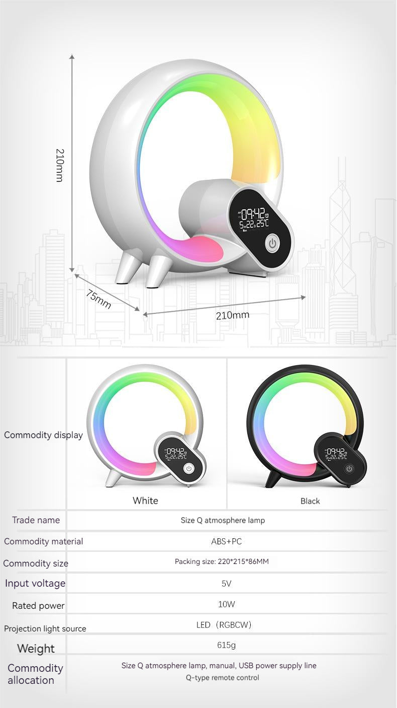 Colorful LED lamp with dimensions and specifications on a white background